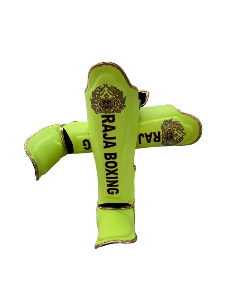 Raja Boxing LS-2 Slim Shin Guards in lime green, front view