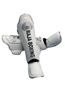 Raja Boxing LS-2 Slim Shin Guards in white, detail shot