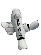 Raja Boxing LS-2 Slim Shin Guards in white, close-up