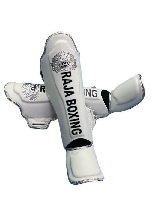 Raja Boxing LS-2 Slim Shin Guards in white, close-up