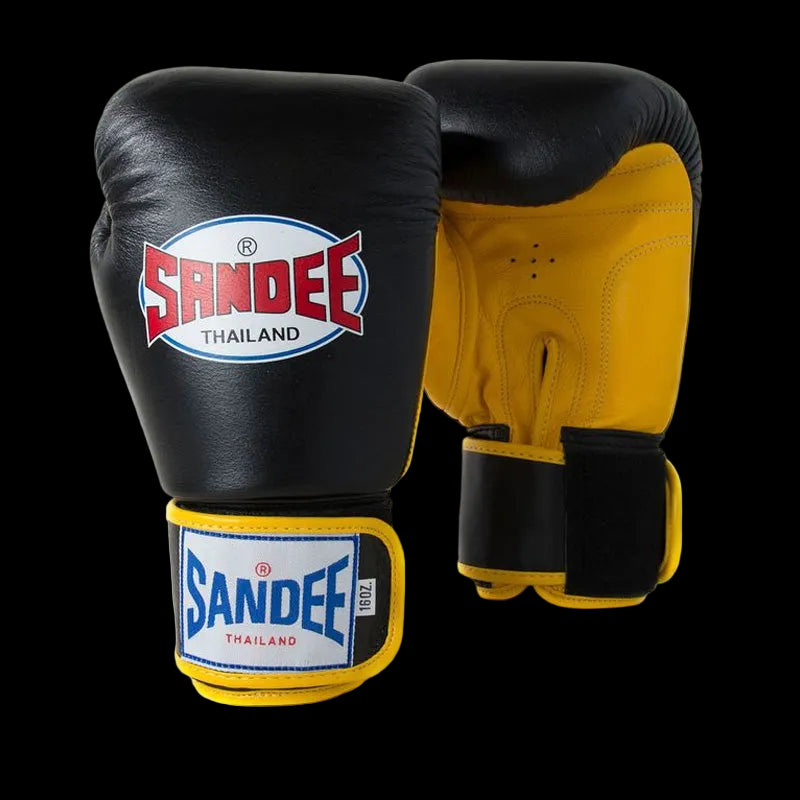 Sandee Authentic Velcro 2 Tone Boxing Gloves - Black & Yellow, front view