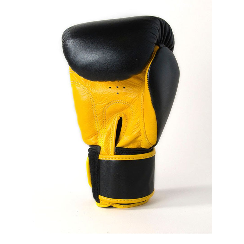 Sandee Authentic Velcro 2 Tone Boxing Gloves - Black & Yellow, palm view with ventilation