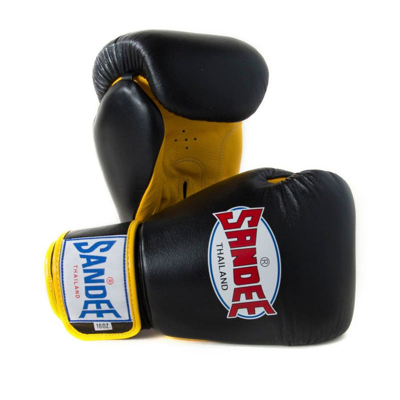 Sandee Authentic Velcro 2 Tone Boxing Gloves - Black & Yellow, close-up of wrist strap