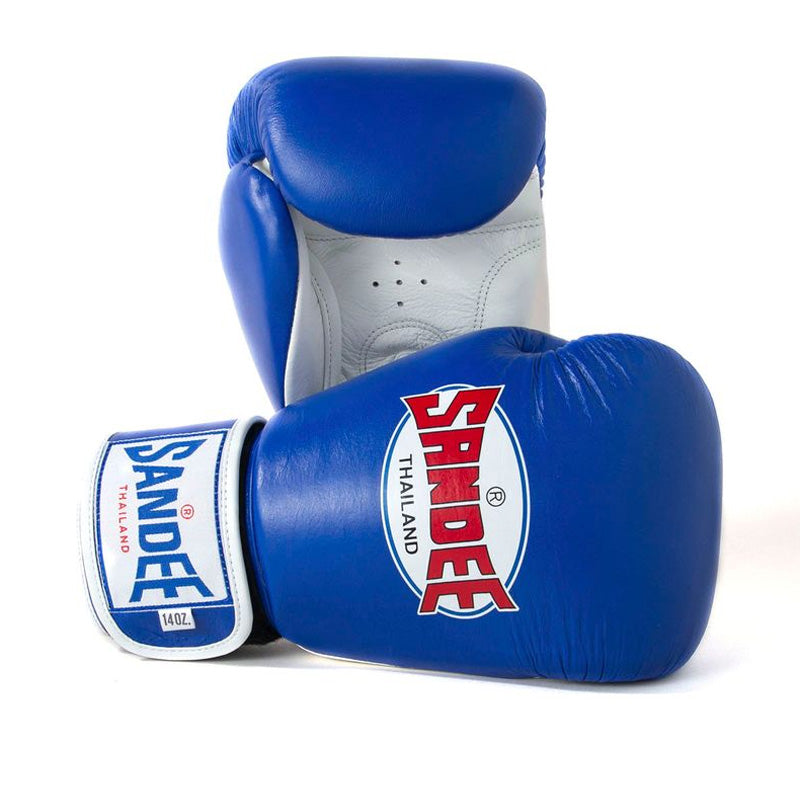 Sandee Authentic Two-Tone Velcro Boxing Gloves - Blue & White, wrist closure