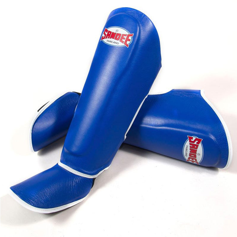 Close-up of Sandee Authentic Boot Shinguards Blue & White material and stitching