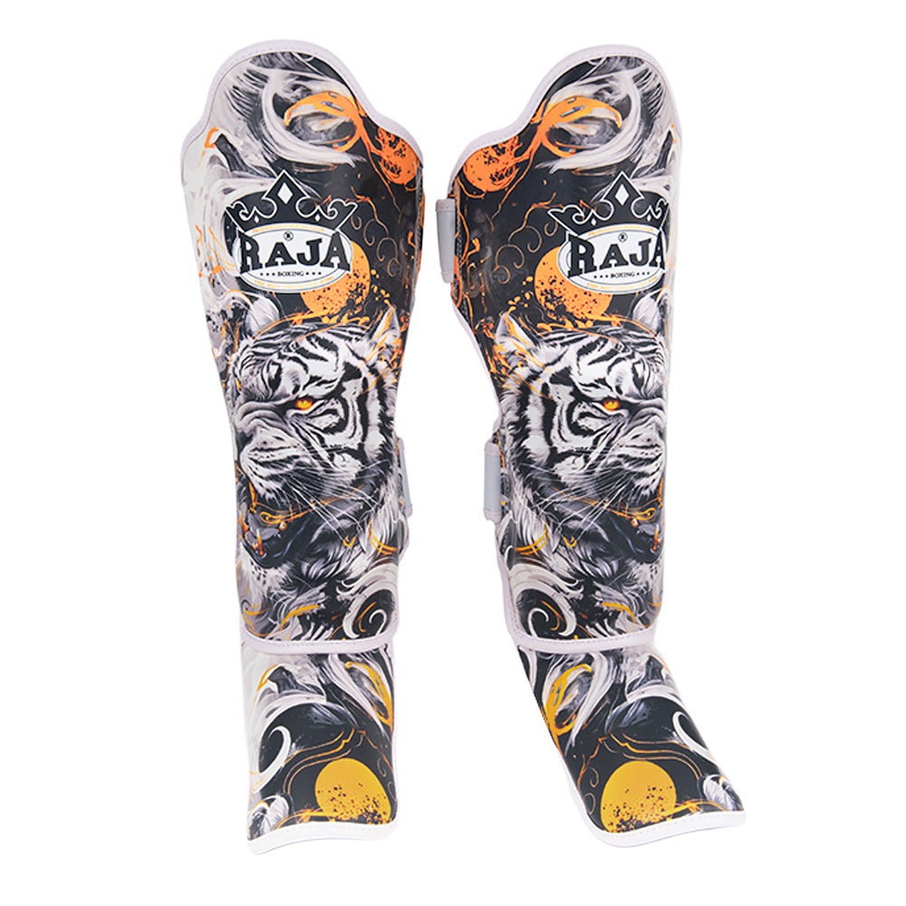 Raja Boxing Fancy Shinguards WhiteTiger, front view