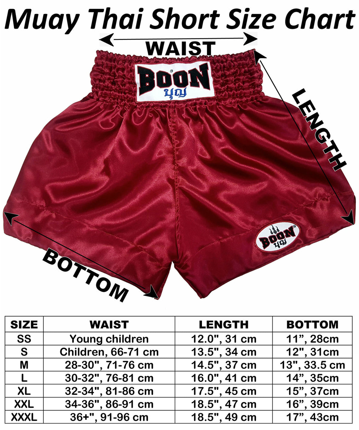 BOON Sport Muay Thai Shorts size guide chart