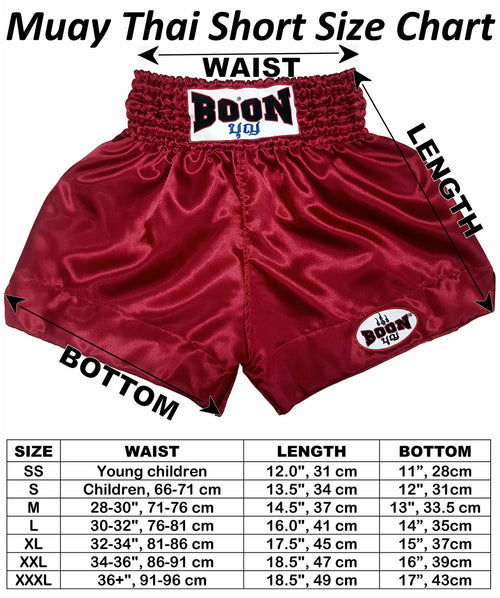 BOON Sport Muay Thai Shorts size guide chart