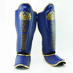 Raja Boxing LS2 Lightweight Shin Guards in blue, front view.