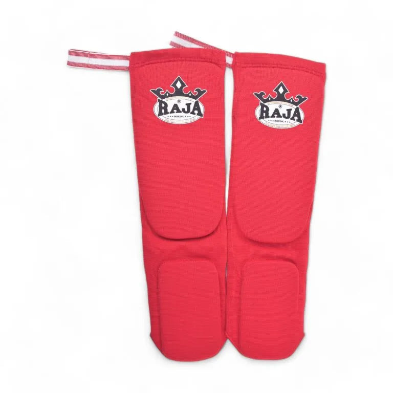 Raja Boxing Cotton Shin Guards in red, front view