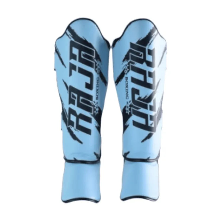 Raja Boxing RGV-1-3 Shin Guards in purple, angled view showing contour