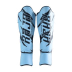 Raja Boxing RGV-1-3 Shin Guards in purple, angled view showing contour