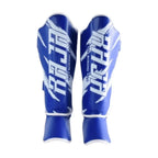 Raja Boxing RGV-1-3 Shin Guards in purple, rear view with straps