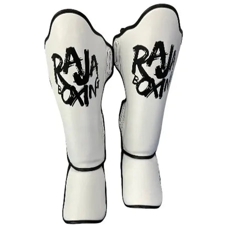 Raja Boxing Lightweight Shin Guards V4 in white, front view