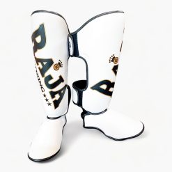 RAJA BOXING Standard Shin Guards in White, detail shot