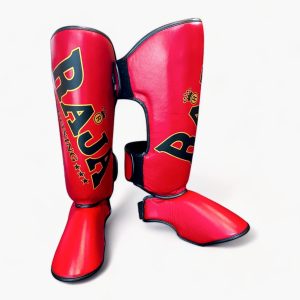 Raja Boxing Standard Shin Guards in red, angled view